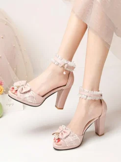 ROCOCO Style Lolita Sandales Perles Dentelle Peep Toe PU Cuir Blanc Lolita Chaussures D'été