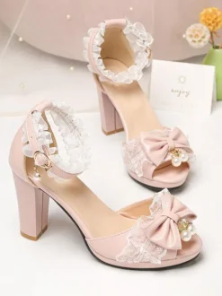 ROCOCO Style Lolita Sandales Perles Dentelle Peep Toe PU Cuir Blanc Lolita Chaussures D'été