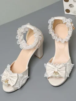 ROCOCO Style Lolita Sandales Perles Dentelle Peep Toe PU Cuir Blanc Lolita Chaussures D'été