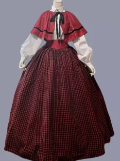 Rouge rétro Costumes femmes Plaid volants Polyester Marie Antoinette Costume tunique robe cape rétro fête robe de bal Bourgogne