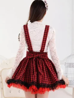 Rouge Noir Vichy Jupe Lolita rouge douse magnifique en polyester impression avec dentelle Déguisements Halloween
