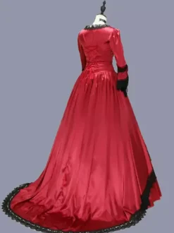 Rouge rétro Costumes femmes Marie Antoinette Costume dentelle volants Polyester tunique robe rétro fête robe de bal Bourgogne