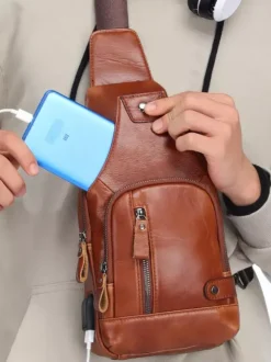 Sac Bandoulière Marron Foncé À Glissière Éclaire Pour Hommes
