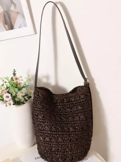 Sac bandoulière seau en raphia épais bandoulière ajustable en similicuir sac à main tissé