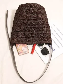 Sac bandoulière seau en raphia épais bandoulière ajustable en similicuir sac à main tissé