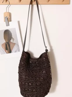 Sac bandoulière seau en raphia épais bandoulière ajustable en similicuir sac à main tissé