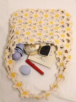 Sac cabas ajouré en crochet à motif marguerite style bohème idéal pour l'été sac bandoulière tissé parfait pour les vacances à la plage