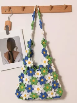 Sac cabas ajouré en crochet à motif marguerite style bohème idéal pour l'été sac bandoulière tissé parfait pour les vacances à la plage