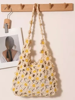 Sac cabas ajouré en crochet à motif marguerite style bohème idéal pour l'été sac bandoulière tissé parfait pour les vacances à la plage