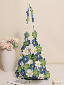 Sac cabas ajouré en crochet à motif marguerite style bohème idéal pour l'été sac bandoulière tissé parfait pour les vacances à la plage