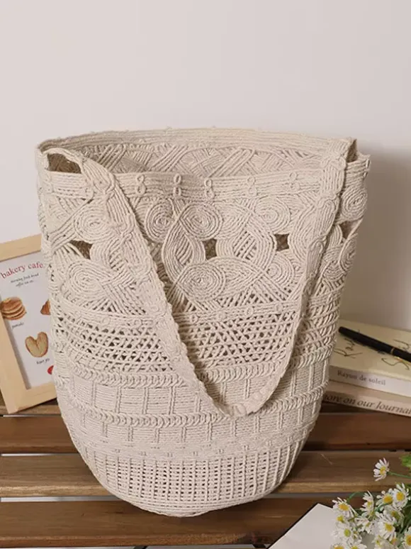 Sac cabas bohème en corde de coton crochetée sac bandoulière ajouré tissé sac à main pour les vacances d'été à la plage