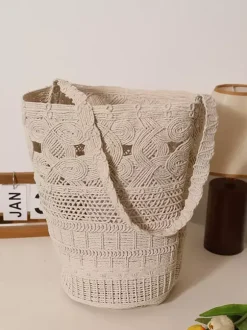 Sac cabas bohème en corde de coton crochetée sac bandoulière ajouré tissé sac à main pour les vacances d'été à la plage