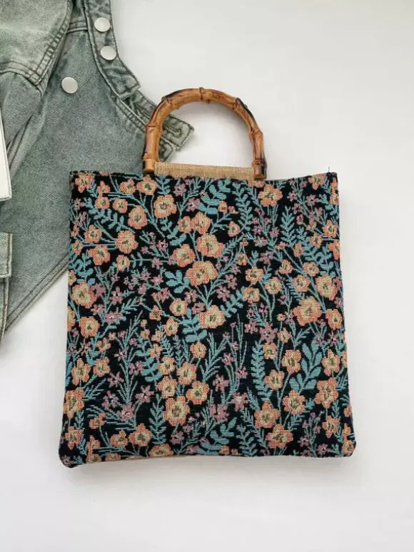 Sac cabas vintage à imprimé floral et anses en bambou grande capacité en toile porté épaule.
