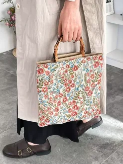 Sac cabas vintage à imprimé floral et anses en bambou grande capacité en toile porté épaule.