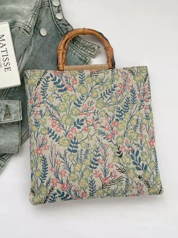 Sac cabas vintage à imprimé floral et anses en bambou grande capacité en toile porté épaule.