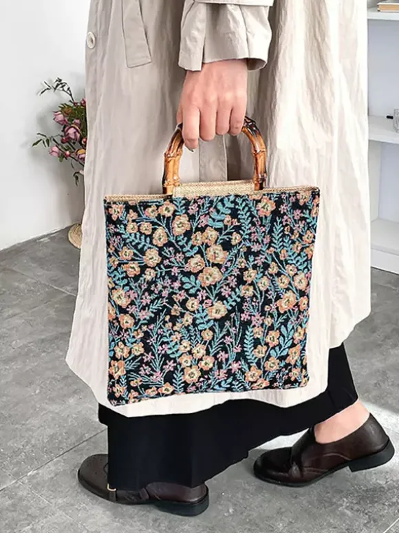 Sac cabas vintage à imprimé floral et anses en bambou grande capacité en toile porté épaule.