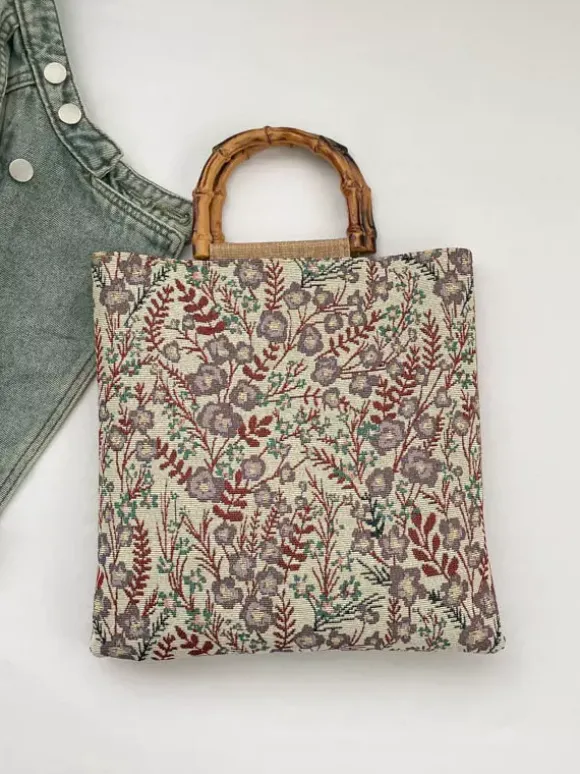 Sac cabas vintage à imprimé floral et anses en bambou grande capacité en toile porté épaule.