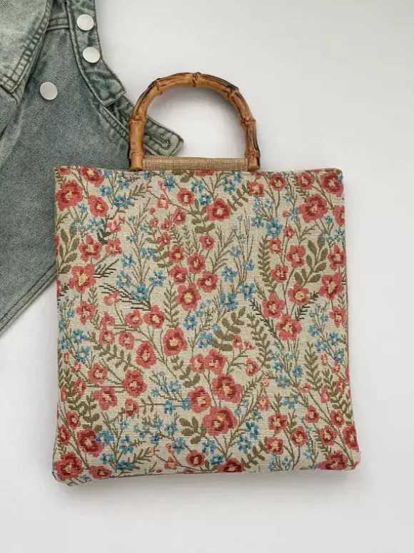 Sac cabas vintage à imprimé floral et anses en bambou grande capacité en toile porté épaule.