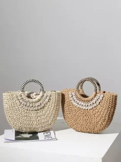 Sac de plage semi-circulaire en paille avec coque pour femme (2026)