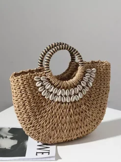 Sac de plage semi-circulaire en paille avec coque pour femme (2026)
