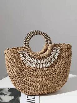 Sac de plage semi-circulaire en paille avec coque pour femme (2026)