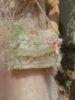 Sac Lolita de Style pastoral sac à bandoulière en Polyester rose avec n艙uds appliqués en Fiber de Polyester accessoires Lolita