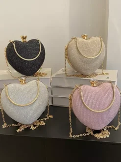 Sac à bandoulière en forme de c艙ur avec chaîne et pochette de fête brillante pour femme 2026