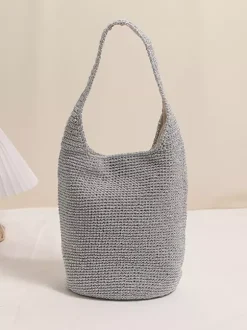 Sac bandoulière seau tricoté à paillettes fermeture magnétique style hobo tissé ajouré idéal pour les vacances d'été à la plage