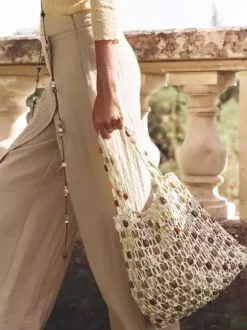 Sac cabas en maille ajourée à perles grande capacité sac bandoulière de vacances style bohème léger à enfiler