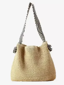 Sac cabas en raphia tressé bandoulière en tissu rayé grande capacité idéal pour les vacances d'été à la plage.