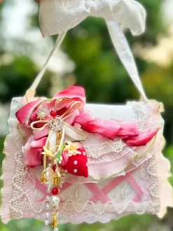 Sac Lolita de style pastoral en polyester rose à volants et chaînes sac à main ombré accessoires Lolita