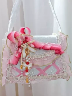 Sac Lolita de style pastoral en polyester rose à volants et chaînes sac à main ombré accessoires Lolita