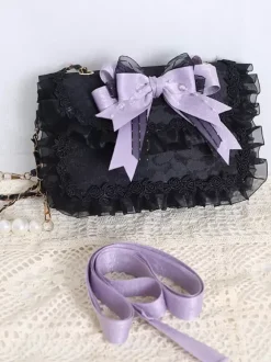 Sac à main Sweet Lolita avec n艙uds en Organza rose sac à main en dentelle et fibre de Polyester accessoires Lolita
