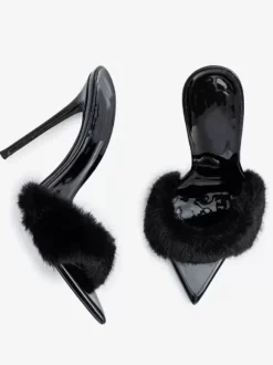Sandales à glissière pour femmes Chic fausse fourrure Micro daim supérieur bout pointu pantoufles à talons aiguilles