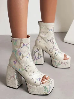 Sandales à Talons Hauts avec Plateforme avec Bout Ouvert en Cuir Synthétique Unicolore