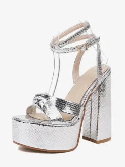 Sandales à talons hauts dorées à bout ouvert nouées à talons épais et à bride à la cheville