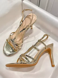 Sandales à talons hauts dorées pour femmes bout ouvert à brides chaussures de soirée