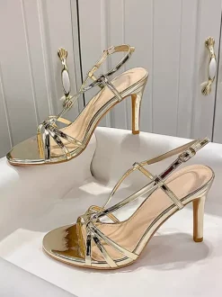 Sandales à talons hauts dorées pour femmes bout ouvert à brides chaussures de soirée