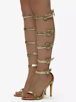 Sandales à talons hauts dorées pour femmes sandales gladiateur à bout ouvert avec boucle