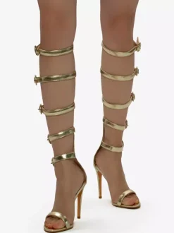 Sandales à talons hauts dorées pour femmes sandales gladiateur à bout ouvert avec boucle