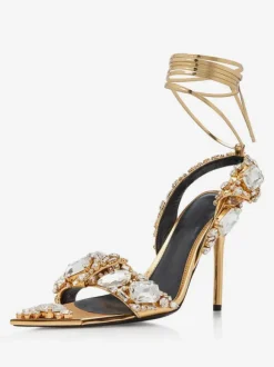 Sandales À Talons Hauts Lacet À Cheville Strass Chaussures De Bal Femmes De Soirée