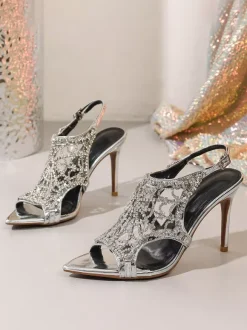Sandales à talons hauts ornées de strass bout ouvert et bride arrière ajourée chaussures de soirée