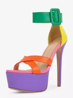 Sandales à talons hauts pour femmes plateforme colorée bout ouvert bride cheville et boucle