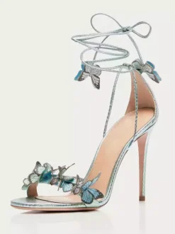 Sandales à talons pour femmes bout ouvert talon aiguille détail papillon chaussures de bal à lacets