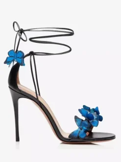 Sandales à talons pour femmes bout ouvert talon aiguille détail papillon chaussures de bal à lacets