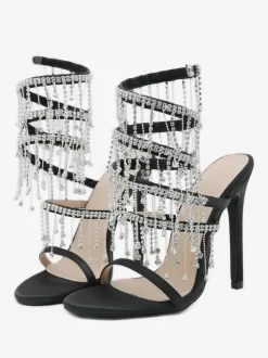 Sandales à talons pour femmes bout rond talon aiguille en cuir PU
