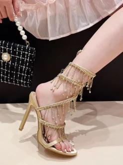 Sandales à talons pour femmes bout rond talon aiguille en cuir PU