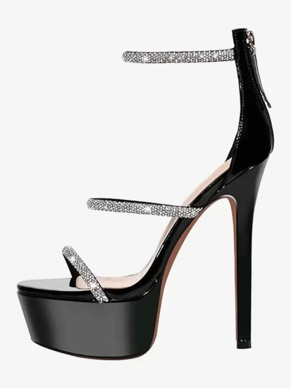 Sandales à talons sexy pour femmes plateforme bout ouvert strass bretelles talons aiguilles