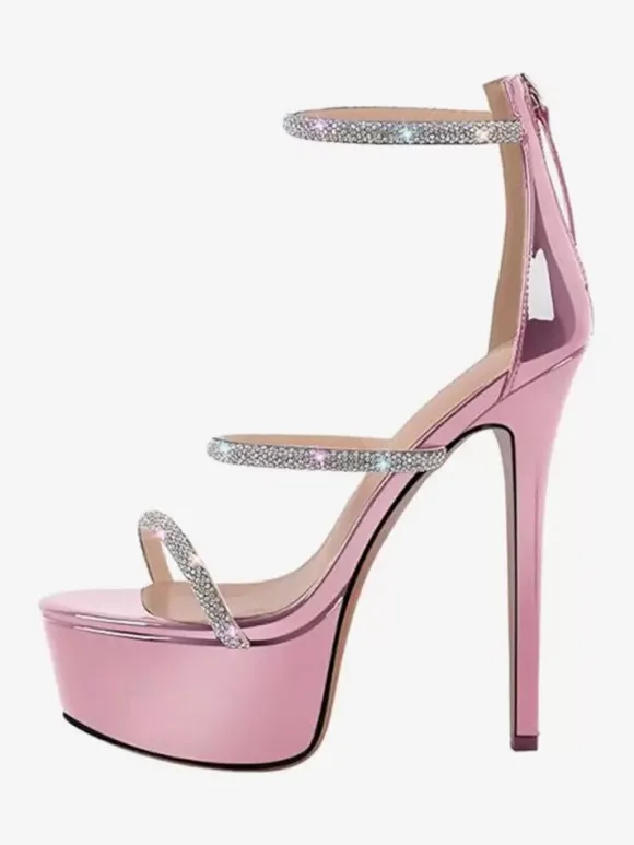 Sandales à talons sexy pour femmes plateforme bout ouvert strass bretelles talons aiguilles