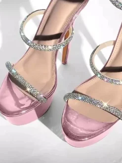 Sandales à talons sexy pour femmes plateforme bout ouvert strass bretelles talons aiguilles